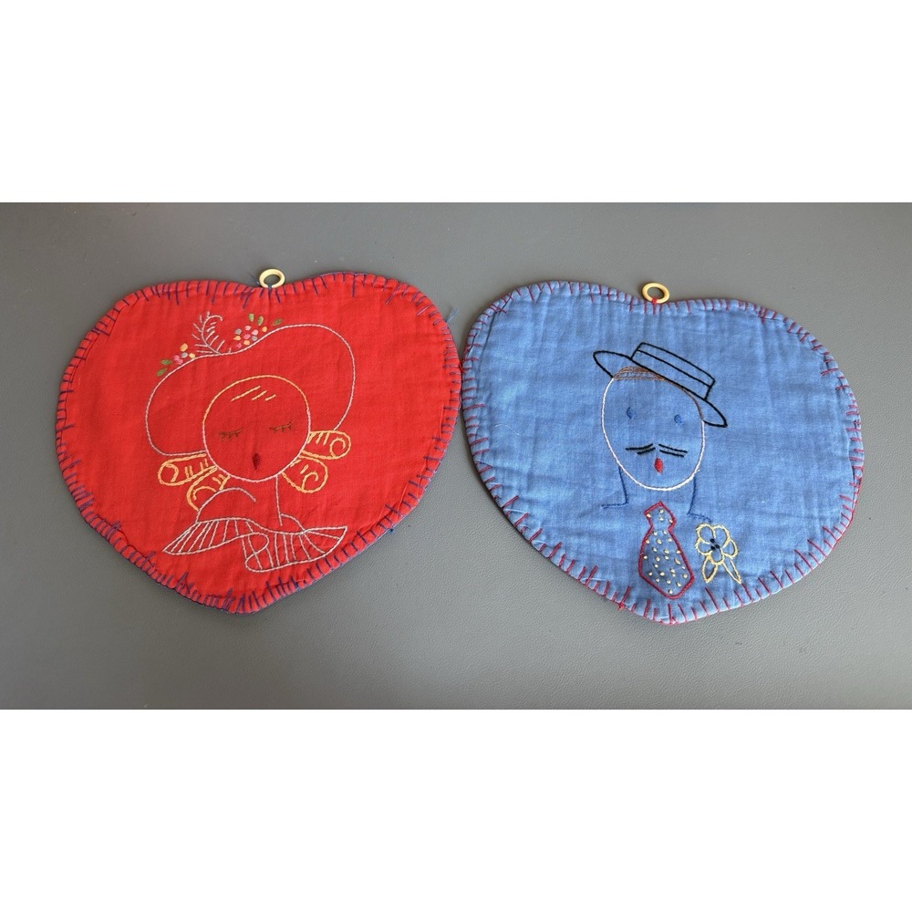 Vintage 1950s His & Hers Heart Shaped Pot Holders Handmade CottageCore Red Blue